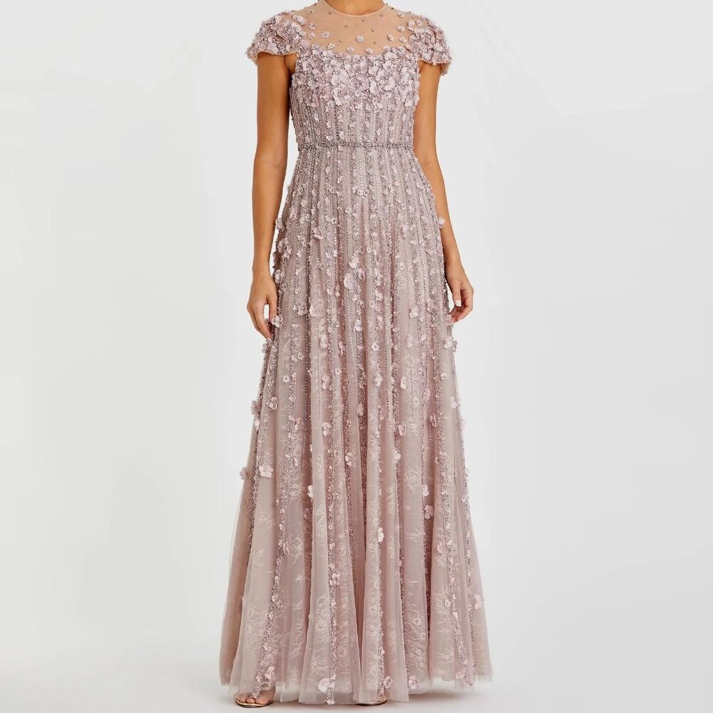 Mac Duggal Pink Embellished Lace Illusion Neck A-Line Gown, Size 14, Style #1186